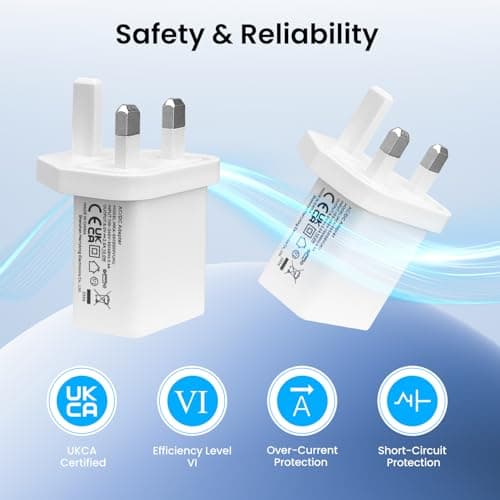 UKCA Certified 4PCS 5V 2A USB Portable Charger, AC DC Adapter Universal Travel USB-A Wall Plug for Phones, Tablets, Bluetooth Speakers, Smart Watches, MP3 Players, Headphones, and More-White — view 3