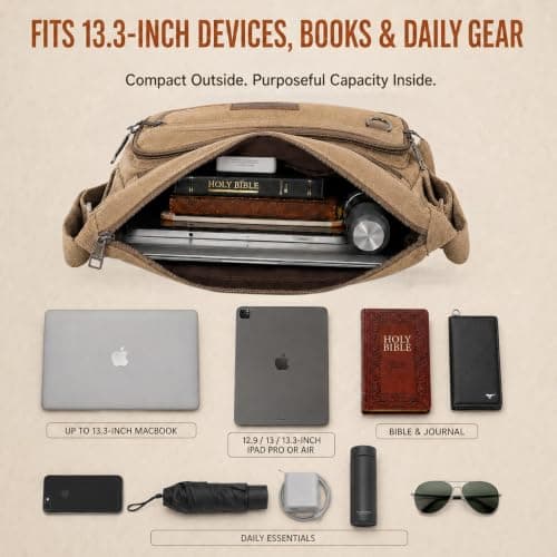 W&G traveler Crossbody Messenger Bag Rfid Blocking, 13 inch Laptop Shoulder Bag, Casual Satchel Bag w/Water Bottle Holders, Built-in Wallet & Phone Pouch, Water Resistant, Khaki — view 5