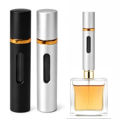 Muexoee Perfume Atomiser Refillable 8ml – 2 Pack Travel Perfume Bottle with Visible Window, Leak-Proof Fine Mist Spray, Bottom-Filling Portable Atomiser for Hand Luggage (Black & Silver)