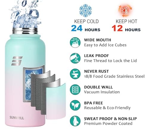 SUNWILL Metal Water Bottle 1l Stainless Steel, Insulated Leakproof Thermal Flask with Straw and 2 Lids for Cold and Hot Drink, Running, Sports, Gym, Travel, Gradiant Mint Sakura — view 3