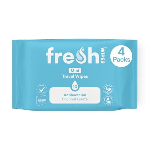 FreshWipes Mini Antibacterial Body Wipes for Adults 4 Pack (40 Wipes) - Biodegradable Wet-Wipes - Dermatologically Tested & Suitable for the Elderly or Disabled - Great for Camping (Coconut Breeze)
