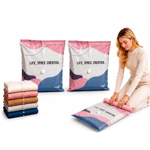 MARKIVO No-Pump Vacuum Storage Bags, Medium 2 Pack, Heavy Duty 7-Strand Nylon Space Saver Bags, Press & No Pump Needed Space Saver Bags for Duvets, Thickened PA+PE Reusable Vacuum