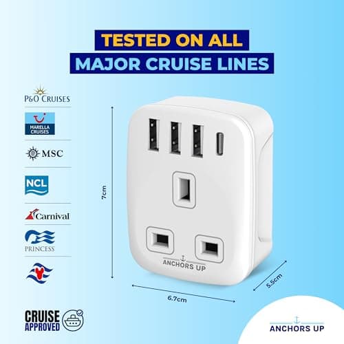 Cruise Approved 5-in-1 Travel Adapter – Non Surge for Cruise Ships – 3 USB + 1 USB-C – Works on Marella, MSC, Royal, Celebrity, Carnival, Princess, NCL, Disney, Fred Olsen – (US) — view 3