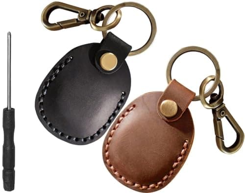 Genuine Leather AirTag Keyring Holder Compatible with Apple AirTag Keychain, Anti Lost Secure Key Ring Case for Keys Pet Collar Luggage, Handmade Protective Air Tag Key Chain Cover, 2 Pack Black/Brown