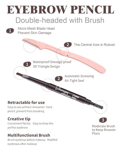 Berinist Waterproof Eyebrow Pencils for Women, 6 Pack Double Sided Grey Eyebrow Pencil with Razor Set, Triangle Tip Makes Defining and Filling Eyebrows for One — view 4