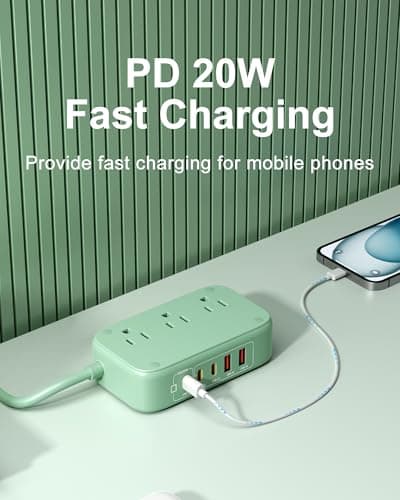 KWRNVO 5FT USB Charging Station with Outlets, Flat USB C Travel Power Strip PD 20W Charger with 2500W AC Outlets, 3 USB-C Ports, 2 USB-A Ports Extension Cord for Home/Office/Travel — view 4