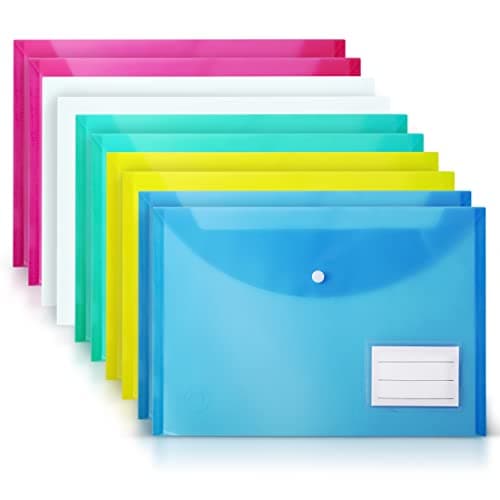 DocFeedz Plastic Wallets A4-10 Pack Waterproof Plastic Folders for Documents 33.2 x 23.4 cm - 5 Assorted Colours Popper Wallet A4 with Snap Button and Label for Home, Office, School and Travel
