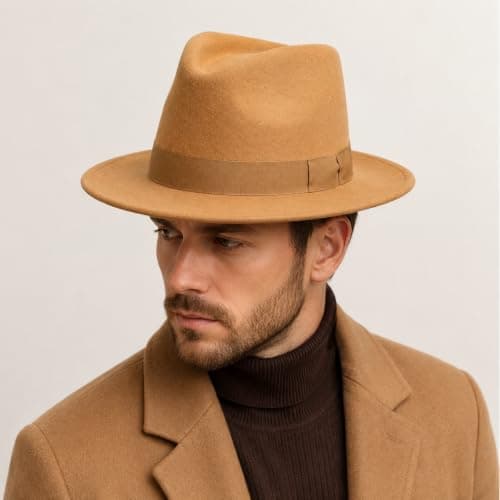 Novella Noori Indiana Jones Style Fedora Hat - Pure Wool Felt Wide Brim Fedora Hat for Men and Women - Crushable, Water-Resistant Vintage Wool Flet Fedoras - (Beige, UK, Alpha, L) — view 4