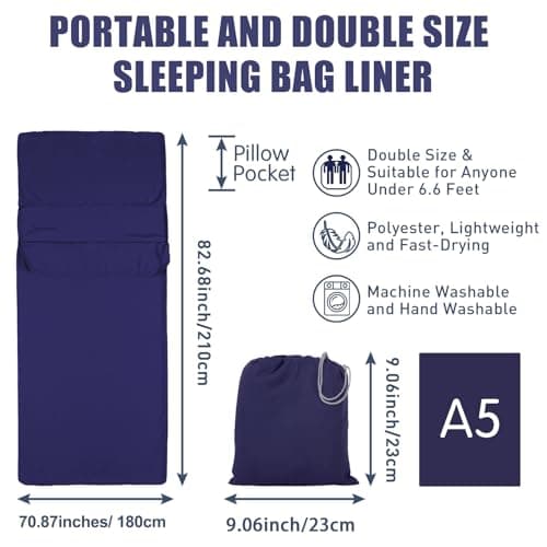 Plliocse Sleeping Bag Liner, Portable Travel Camping Sheet, 180 x 210 cm Double Size Sleeping Bag Liner with Pillow Pockets for Adults Hotels Business Trip Camping (Navy Blue, 180cm x 210 cm) — view 2