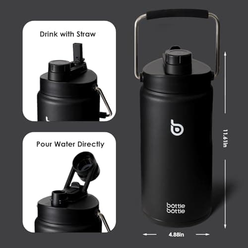 Bottle Bottle Insulated Water Bottle 2L with Straw and Dual-use Lid Half Gallon Water Jug Vacuum Stainless Steel for Workout and Sports Insulated Beer Growler with Handle(Black) — view 4