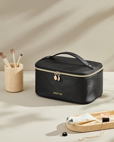 Prite Makeup Bag Toiletry Case for Women with Brush Holder, Black, Standard — view 2