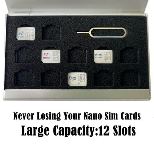 Aluminum SIM Card Case, 12 Slots Ultrathin Nano SIM Card Holder with SIM Card Adapter Kit for Travelers or Holiday Trip (Silver) — view 2