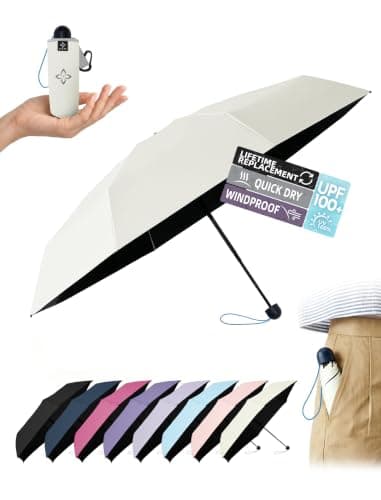 LILAC Compact Travel Umbrella for Purse, Mini Folding Pocket Parasol with Windproof Absorbent Sleeve, UPF 100+ UV Sun Protection, 30% Thickened Alloy Steel Shaft, Double Fiberglass Reinforced