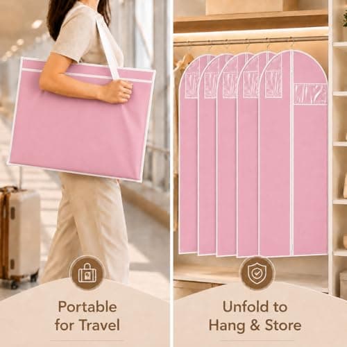 Sytinnice 2Pcs Long Dress Garment Bags, 60×180cm Folding Full Length Garment Cover Bag with Zipper, Pocket & Handle, Breathable Clothes Covers for Gowns Dresses Travel & Storage(Pink) — view 4