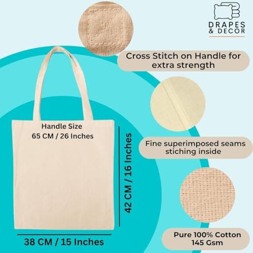 Cotton Canvas Plain Tote Bags to Decorate in Bulk Pack of 10, 100% Natural Cotton Premium 145gsm (5 Oz.) Fabric Blank Reusable Large Canvas bag -38 X 42 cm+65cm long Handles (Pack of 10-Natural) — view 3