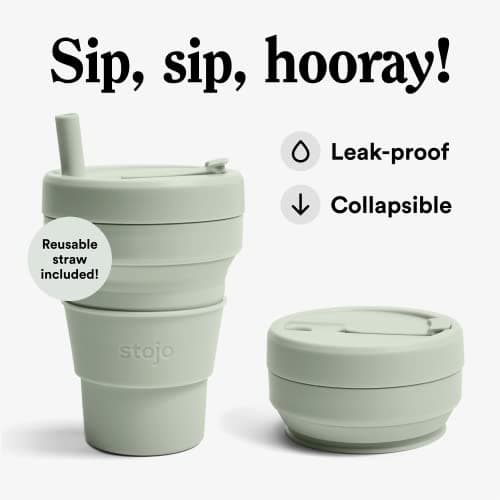Stojo Collapsible Pocket Size Travel Cup - Portable - For Hot/Cold Drinks - With Lid - 8oz / 237ml - Sage Green — view 2