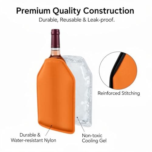 Wine Cooler Sleeve – Rapid Ice Wine Chiller for 750ml Bottles & Champagne – Portable Cooling Gel Jacket with Elastic Sides for Picnics, Dinner Parties & BBQ – Leaks Proof & Durable – Orange — view 5