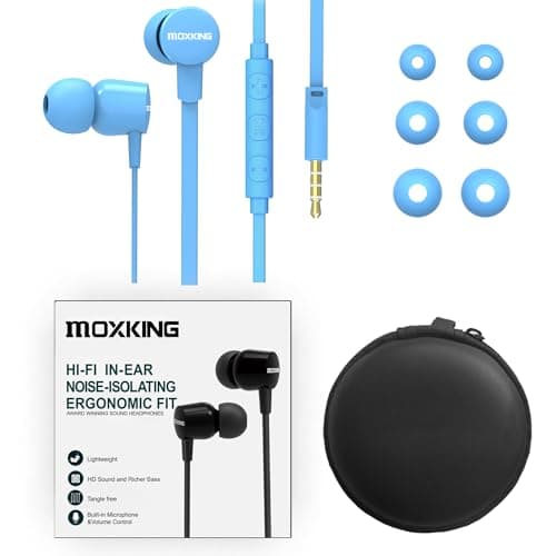 MOXKING Wired Tangle Free Earphones With for kids women small ears, Comfortable and Lightweight Flat Cable Ear bud with Microphone and Volume Control for Cell Phone Laptop (Blue) — view 5