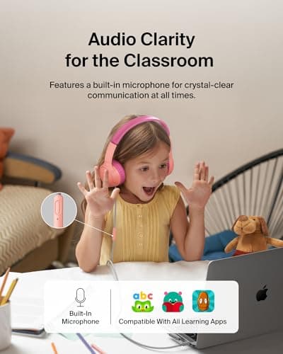 Belkin SoundForm Mini Kids Wired Headphones with USB-C to 3.5mm Dongle, Built-in Mic & Fun Stickers, 85dB Max Volume – for Online Learning, Travel, Compatible with iPhone, iPad, Galaxy, etc - Pink — view 4