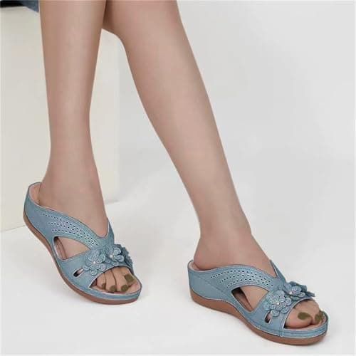 Orthopedic Sandals for Women UK Open Toe Dressy Summer Beach Sandals Wide Fit Walking Sandal Comfy Lightweight Footwear Ladies Backless Slip Ons Vintage Flower Boho Wedge Heel Sliders Sky Blue — view 2