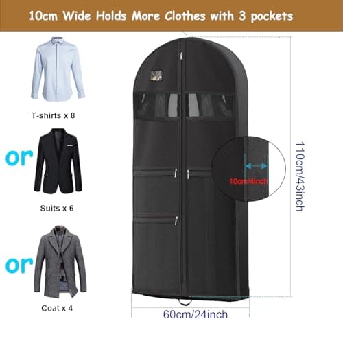 Suit Bag, URMI Heavy Duty 110 x 60 x 10 cm Dance Costume Bag Clothes Storage Protector Cover for Travel 10cm Gusseted Suit Carriers with 3 Pockets Hanging Garment Bag for Suits, Dress 2 Pack, Black — view 3