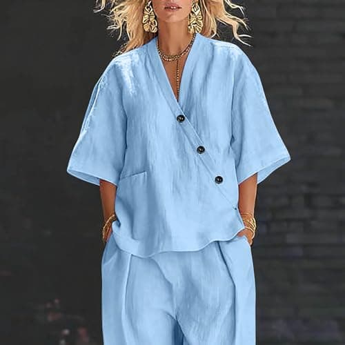 womens gym set Co Ord Sets for Women Cotton Linen 2 Piece Plus Size V Neck Tops & Wide Leg Trousers Summer Fashion Loose Comfy Vacation Travel Airport Outfits Light Blue XL — view 6