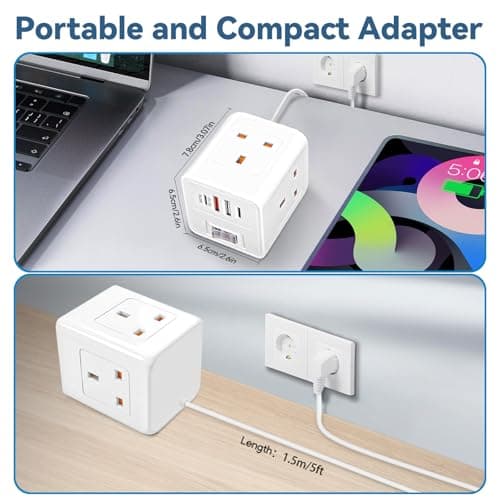UK to European Plug Adapter,3 Way UK to EU Plug Adaptor with 4 USB — view 6