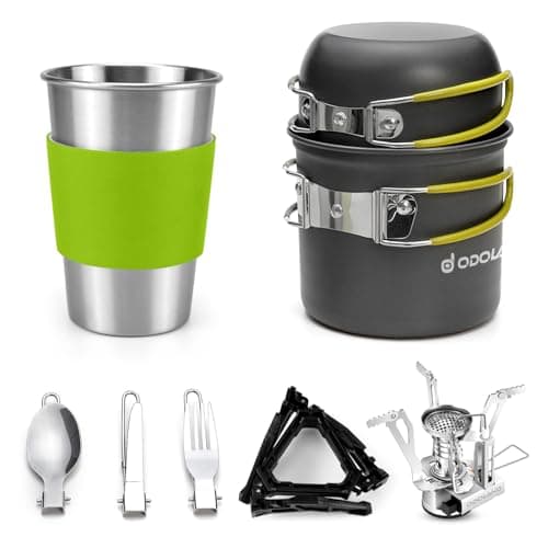 Odoland Camping Saucepans Set, 10 Pieces Durable Aluminium Complete Kitchen Utensils with Ultralight Portable Stove for Hiking, Fishing