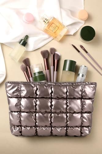 HFLZBRO Puffy Quilted Makeup Bag, Cosmetic Bag, Travel Toiletry Organizer Pouch, Clutch for Women (Gold) — view 3