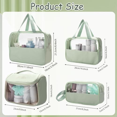LELEWANGLUO Transparent Travel Toiletry Bag, 4 PCS Portable Waterproof PVC+PU Makeup Bag with Zippers, Green — view 4
