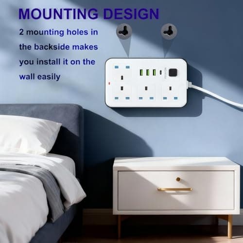 Maqash extension lead with usb slots 2500W -2m long cable - copper clips - 13A 220V - multi usb plug Cord UK - power strip with USB Socket, 8 in 1 mobile charging USB C PD 5V/2.1A — view 5