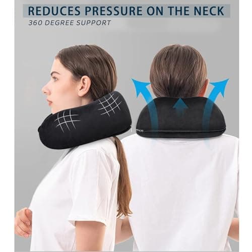 FEUFOAM Travel Pillow Neck Pillow With Velvet Cover Adjustable Airplane Pillow for Travel Sleeping Head and Neck Support Memory Foam Pillows for Adults Train Bus Office Home Black — view 3