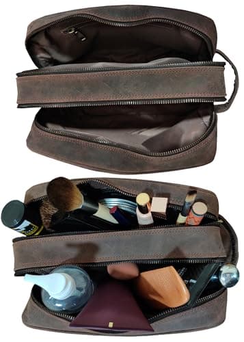 Rustic Town Leather Toiletry Bag - Spacious Dual Compartment Dopp Kit Organizer for Easy Packing - Premium Full Grain Leather Shaving & Bathroom Travel Case - Ideal Gift for Men & Women, Dark Brown — view 4