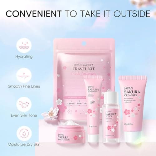 Wenrny Sakura Travel Skincare Set for Teenage Girls,4 Pcs/Set Sakura Skin Care Set With Cleanser, Toner,Face Cream and Sunscreen,Travel Essentials for Women-Cleansing,Hydrating and Sun Protection — view 4