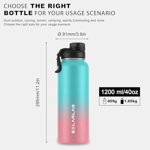 SOLARLAB Insulated Water Bottle 1.2 L Stainless Steel – Thermos Water Bottle – BPA Free – Perfect for Hot Drinks, Cold, Outdoors, Camping (1.2 L, Macaron Blue+Pinke) — view 4