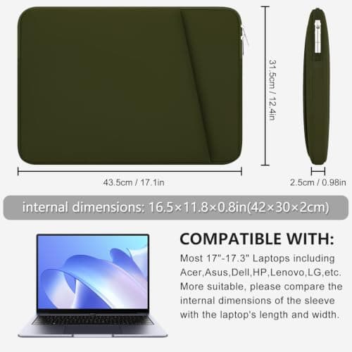 HEDUGO Laptop Sleeve Case with Zipper Accessory Pocket Compatible with 17 inches MacBook Air/Pro Padded Computer Pouch Cover Shockproof Protective for 17” to 17.3” Laptop/Chromebook/Tablet,Green — view 5
