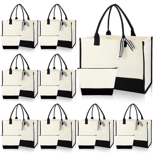 DHNDO 16 Pcs Canvas Tote Bags and Cosmetic Pouches Bulk, Shopping Tote Bags with Handle Set for Bridesmaid Gifts, Travel, Beach, Daily Use (Black and White)