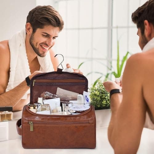 PU Leather Toiletry Bag for Men, Dark Brown Wash Bag for Travel, Gym & Shaving, Dry & Wet Separation with 3 Compartments - Perfect Men's Washbag (Brown) — view 5