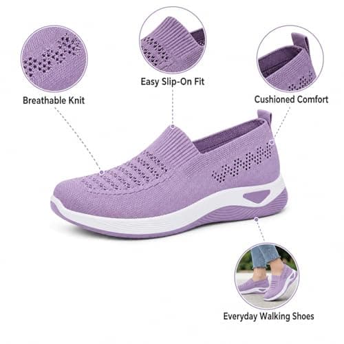 Women’s Slip On Walking Shoes, Lightweight Breathable Knitted Casual Trainers, Laceless Pull On Comfort Trainers for Ladies, Everyday Walking, Work, Travel and Outdoor Wear Purple — view 5