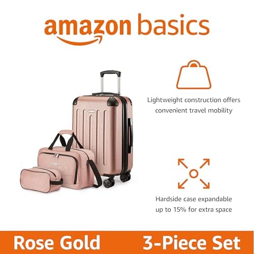 Amazon Basics Hardside Carry-On Spinner Luggage Set, 3-Piece, Carry-On Suitcase, Tote Bag, Compact Travel Bag, Expandable, 4 Spinner Wheels, Rose Gold — view 2