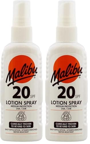Malibu Sun SPF 20 Sun Lotion Spray with Shea Butter Extract, Moisturising Sunscreen Spray for Body, Lightweight Hydrating Sun Cream, Water Resistant Vitamin Enriched, 100ml (Pack of 2)