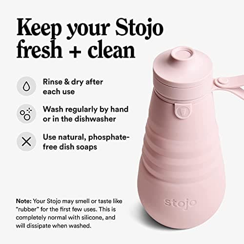 STOJO Collapsible Bottle - 20oz / 592ml - Reusable & Leakproof Silicone Travel Water Bottle for Sport, School, & Everyday Use - Sports Cap - Portable - Dishwasher Safe - Carnation — view 6