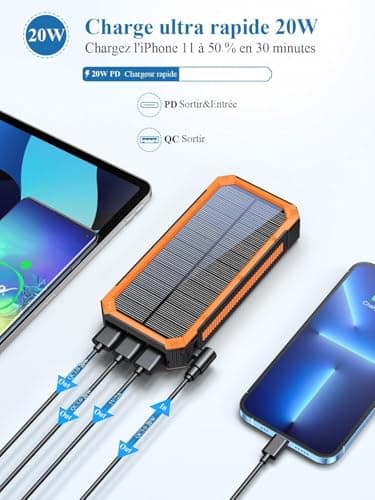 Solar Charger 20000mAh Power Bank, Portable Solar Panel Charger with Bright LEDs & 4 USB Outputs, Quick Charging Solar Phone Charger Battery Pack for Smartphone — view 3