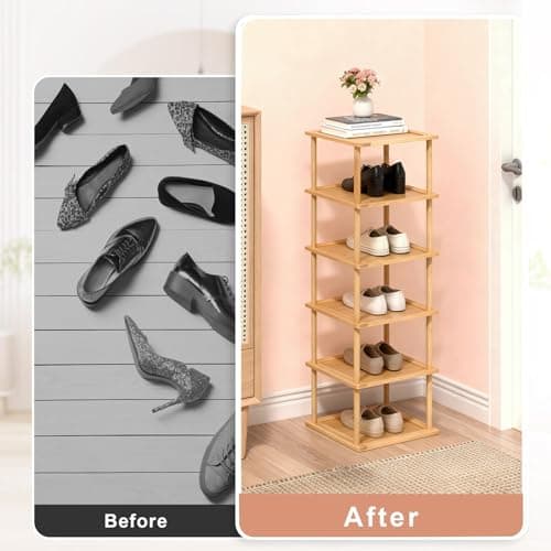 Aniston 6 Tier Vertical Small Shoe Rack Bamboo,Free Standing Slim Narrow Shoe Storage,Shoe Shelf Organiser for Garage Closet Doorway Garage Living Room Space Saving (6 Tier) — view 4