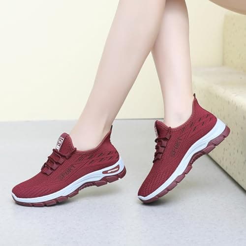 Unisex Walking Trainers Lace Up Knit Flat Soft Sole Breathable Sneakers Red — view 3