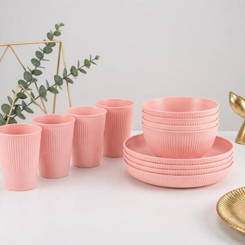 GREENSAPPIRE 18Pcs Plates and Bowls Set Camping Plates Unbreakable Dinner Set for 6 -Platess and Bowls Set for Home Picnic Lightweight Microwave Dishwasher(Pink) — view 2
