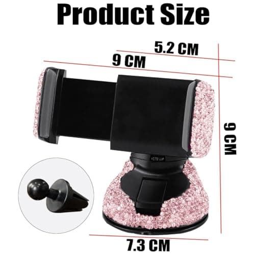 CGEAMDY Universal Bling Car Cell Phone Holder, 360°Adjustable Rhinestone Phone Mount with One More Air Vent Base, Crystal Car Interior Decoration, for Windshield, Dashboard and Air Vent (Pink) — view 2