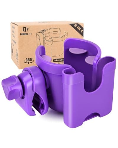 Universal Stroller Cup Holder with Mobile Phone Case, 2-in-1 Strollers Storage Rack, 360 Degrees Rotation Drink Holder for Bike, Pushchair, Wheelchair, Walker,Bicycle, Fits Most Cups (Purple)