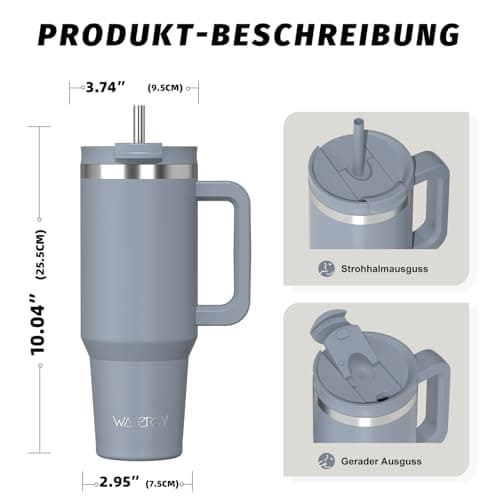 WATERSY 40oz Travel Mug Coffee Cup with 2 Straws, Tumbler Lid and Handle, Stainless Steel Double Wall Vacuum Insulated Coffee Water Bottle Thermal for Cold Hot Coffee 1182ml Light Gray Blue — view 3