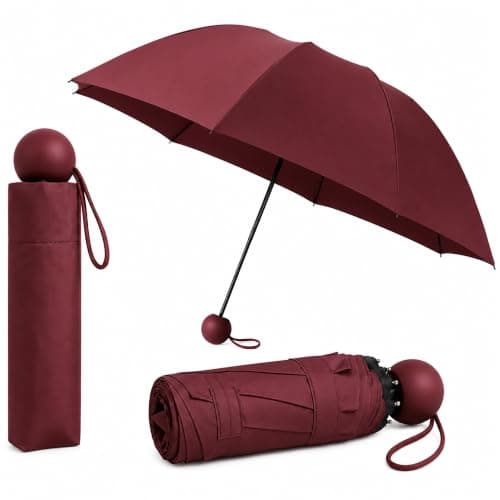 ONE BEST DEAL OBD Maroon Mini Compact Folding Umbrella Lightweight Portable Travel Rain Umbrella with Carry Strap and Storage Sleeve Small Pocket Umbrella for Handbag Backpack Women and Men